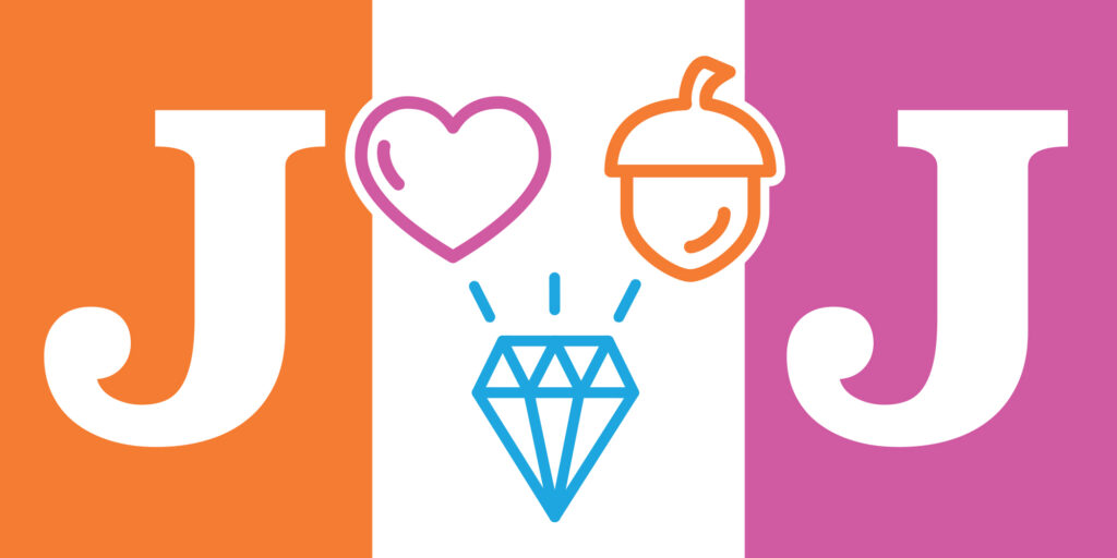 The J+J wedding banner. A flag in Orange White and Pink stripes with the icons of a heart, an acorn and a diamond. 
