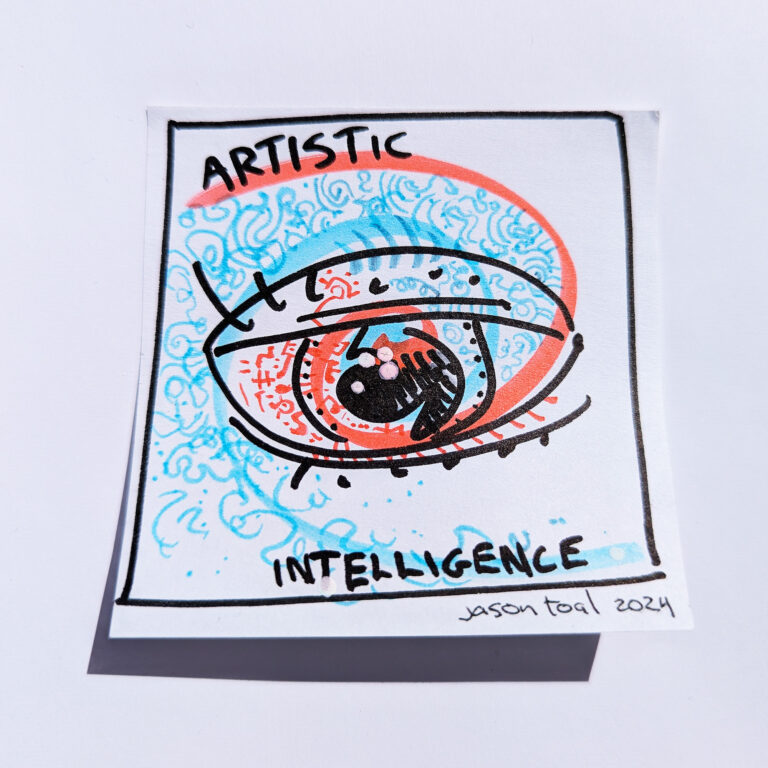 a stickie note doodle of an eye with the text "artisitic intelligence".